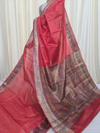 Strawberry Tussar Silk Paithani Saree with Multi-Colour Tapestry Pallu