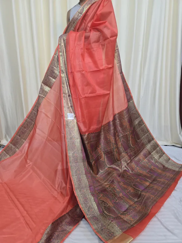 Light Red Tussar Silk Paithani Saree with Paisley Tapestry Pallu
