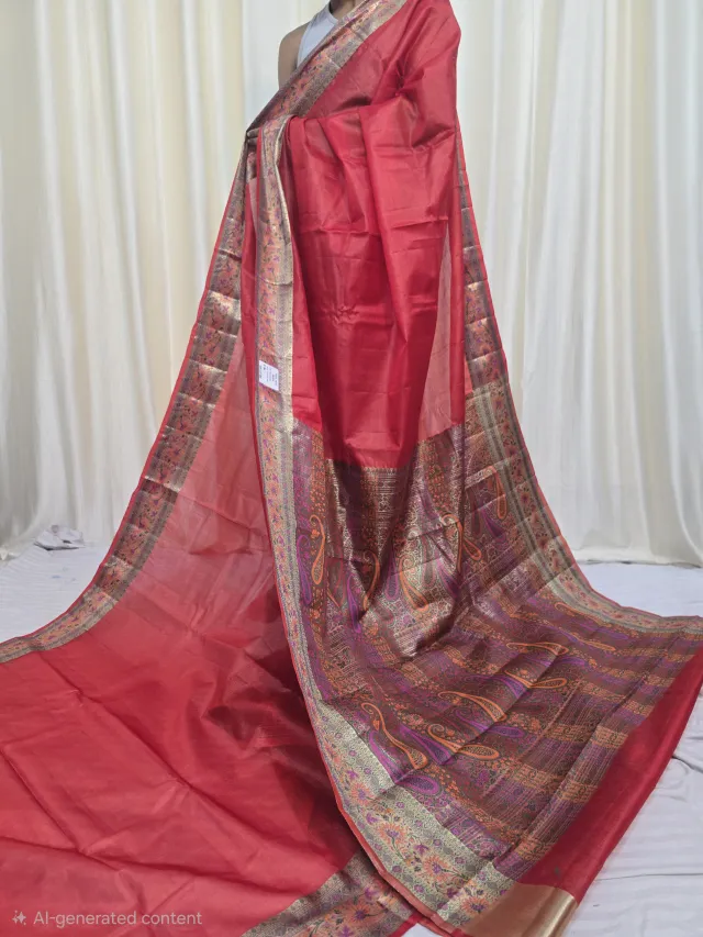 Strawberry Red Tussar Silk Paithani Saree with Paisley Tapestry Pallu