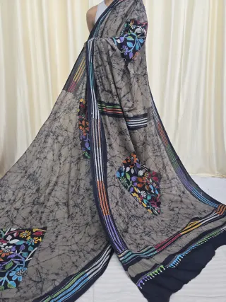 Slate Grey and Black Mulmul Cotton Batik Saree with Multi-Colour Kantha Stitch