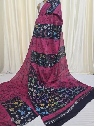 Rani Pink and Black Mulmul Cotton Batik Saree with Multi-Colour Kantha Stitch