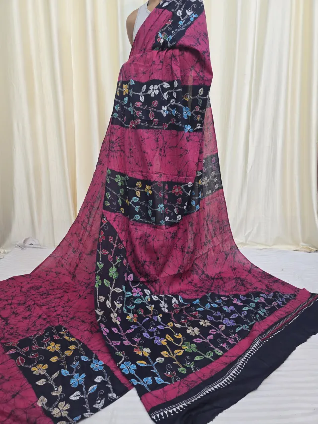 Rani Pink and Black Mulmul Cotton Batik Saree with Multi-Colour Kantha Stitch