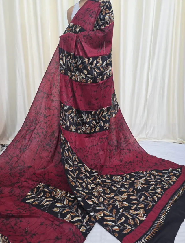 Maroon Red and Black Mulmul Cotton Batik Saree with Kantha Stitch