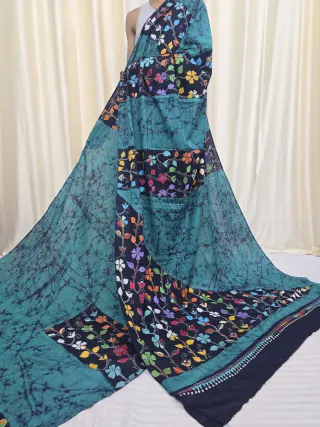 Peacock Teal Blue and Black Mulmul Cotton Batik Saree with Multi-Colour Kantha Stitch