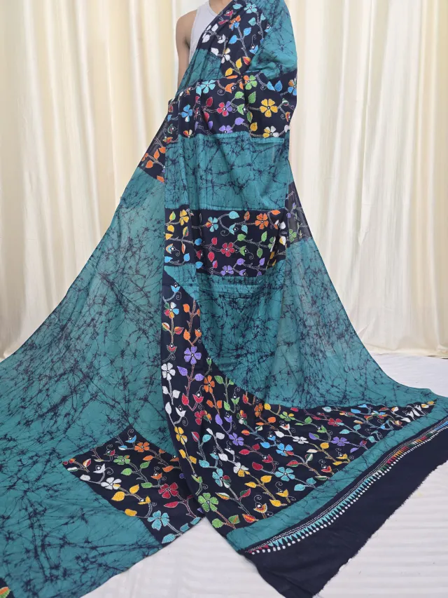 Peacock Teal Blue and Black Mulmul Cotton Batik Saree with Multi-Colour Kantha Stitch