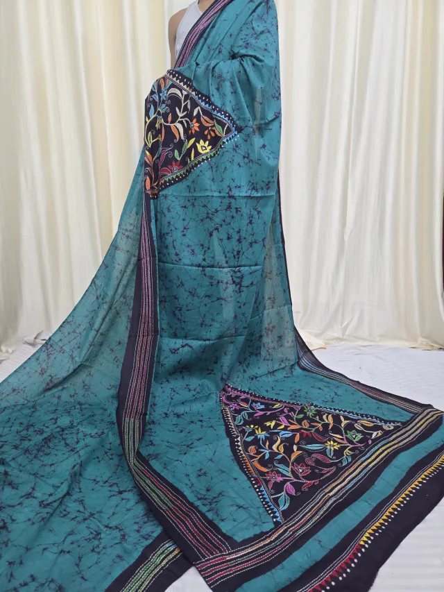 Peacock Teal Blue and Black Mulmul Cotton Batik Saree with Multi-Colour Kantha Stitch