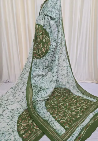 Off-White and Green Mulmul Cotton Batik Saree with Floral Kantha Stitch