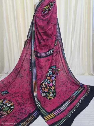 Rani Pink and Black Mulmul Cotton Batik Saree with Multi-Colour Kantha Stitch