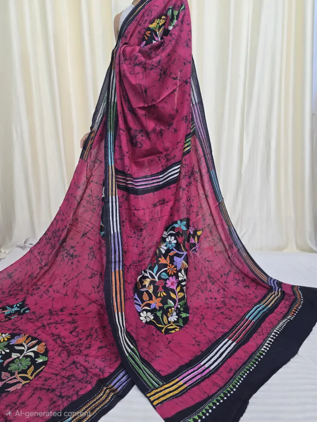 Rani Pink and Black Mulmul Cotton Batik Saree with Multi-Colour Kantha Stitch