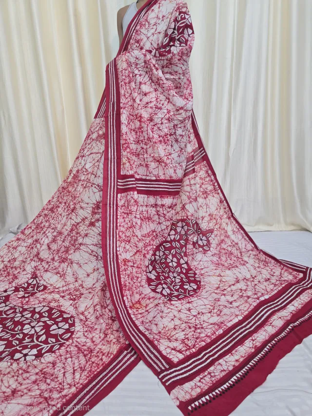 Off-White and Crimson Red Mulmul Cotton Batik Saree with White Kantha Stitch