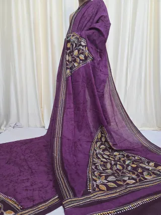 Deep Purple Mulmul Cotton Batik Saree with Leaf Motif Kantha Stitch