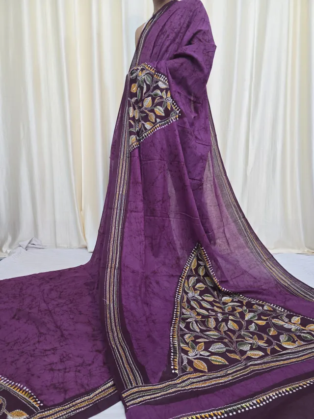 Deep Purple Mulmul Cotton Batik Saree with Leaf Motif Kantha Stitch
