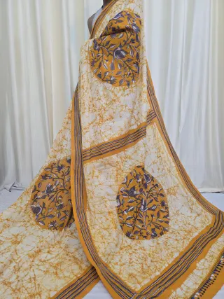 Off-White and Mustard Yellow Mulmul Cotton Batik Saree with Bird Motif Kantha Stitch