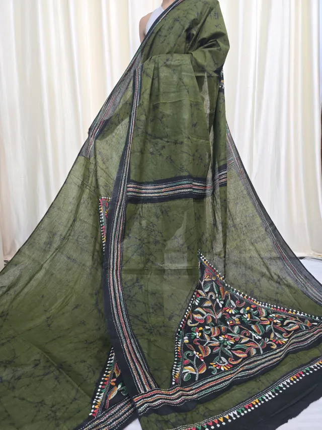 Olive Green and Black Mulmul Cotton Batik Saree with Multi-Colour Kantha Stitch