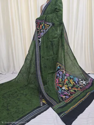 Green and Black Mulmul Cotton Batik Saree with Multi-Colour Kantha Stitch