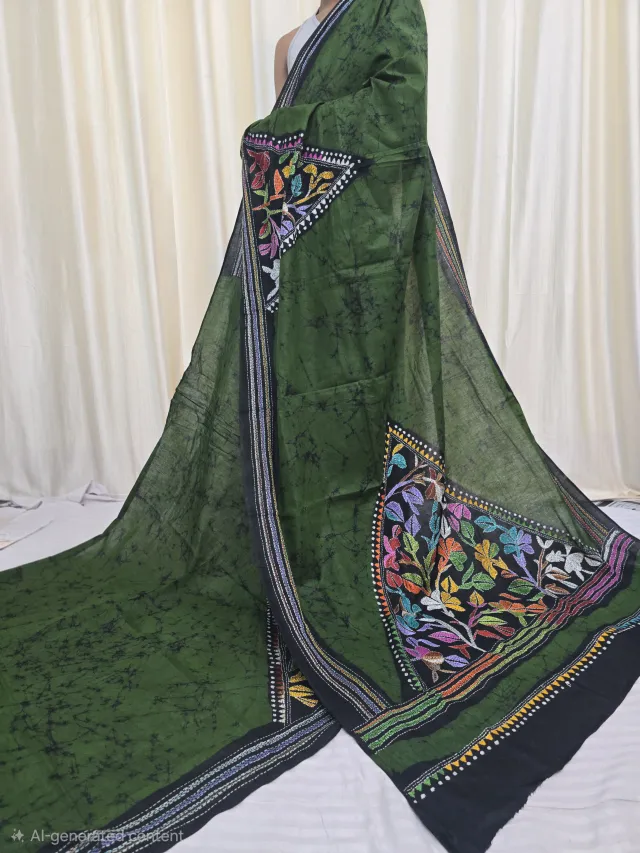 Green and Black Mulmul Cotton Batik Saree with Multi-Colour Kantha Stitch