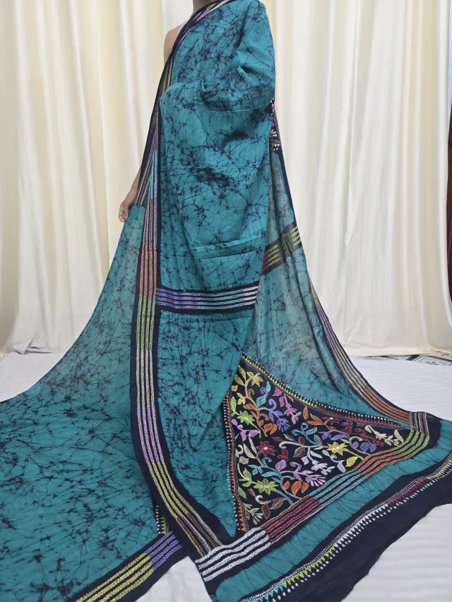 Aqua Teal Blue and Black Mulmul Cotton Batik Saree with Multi-Colour Kantha Stitch