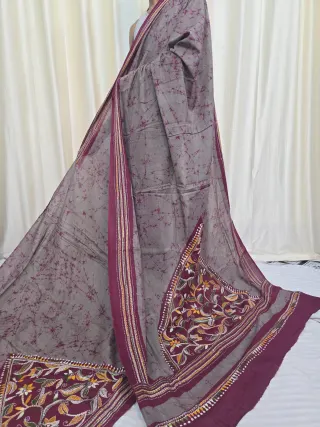 Slate Grey and Burgundy Mulmul Cotton Batik Saree with Floral Kantha Stitch