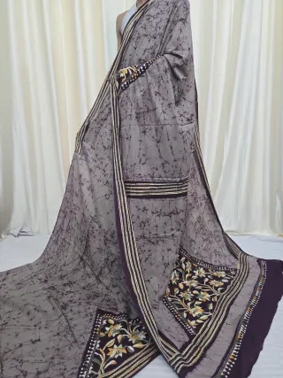 Taupe Grey and Plum Purple Mulmul Cotton Batik Saree with Floral Kantha Stitch