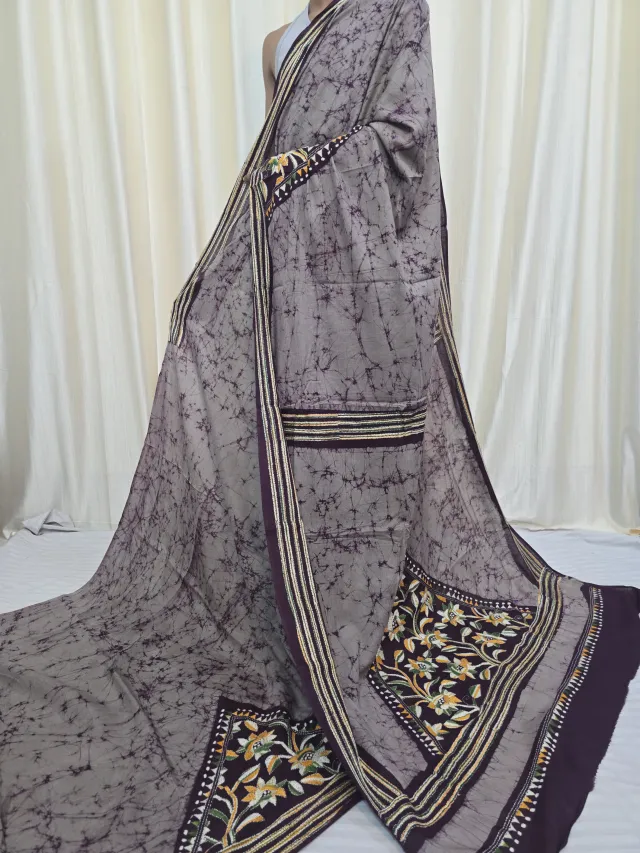 Taupe Grey and Plum Purple Mulmul Cotton Batik Saree with Floral Kantha Stitch