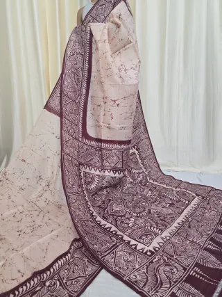 Off-White and Chocolate Brown Pure Murshidabad Silk Soru Tuli Batik Saree
