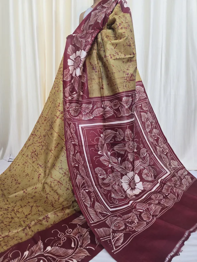 Biscuit and Maroon Pure Murshidabad Silk Soru Tuli Batik Saree