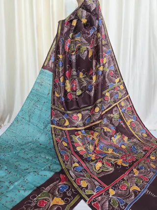 Sea Green and Chocolate Brown Pure Murshidabad Silk Soru Tuli Batik Saree