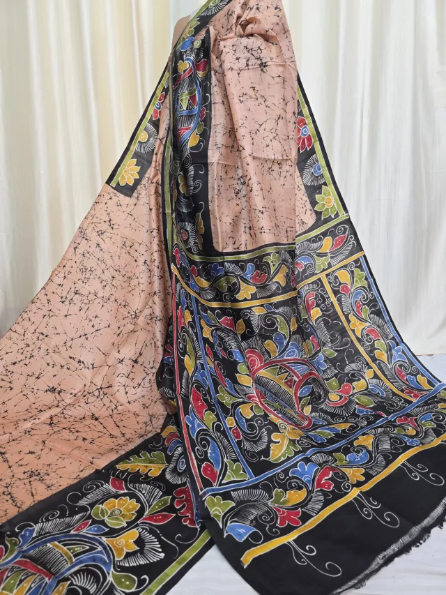 Peach and Black Pure Murshidabad Silk Soru Tuli Batik Saree