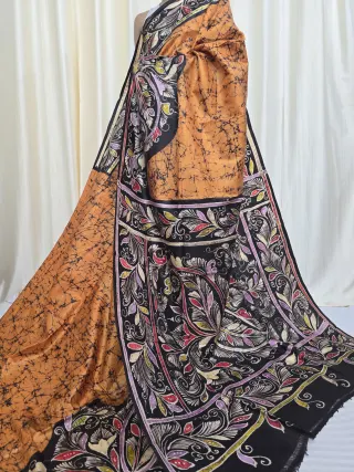 Rust Orange and Black Pure Murshidabad Silk Soru Tuli Batik Saree