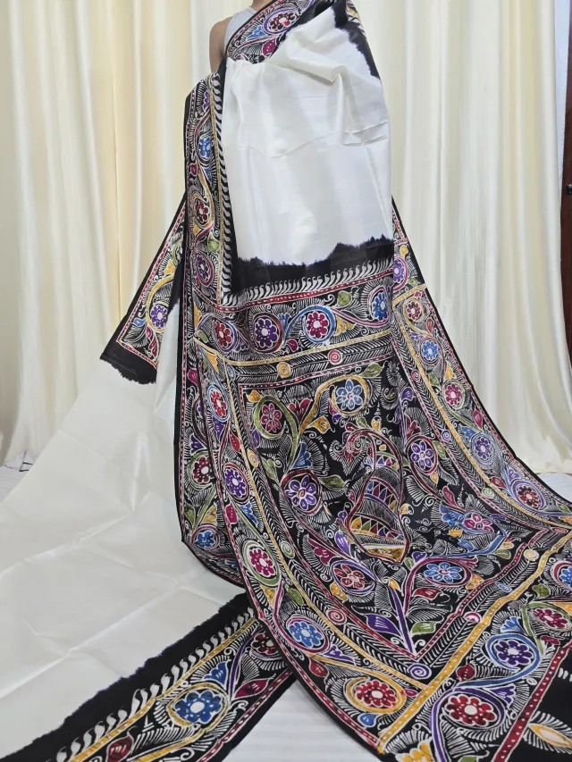 White and Black Pure Murshidabad Silk Soru Tuli Batik Saree