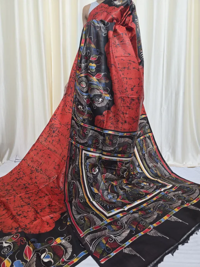 Red and Black Pure Murshidabad Silk Soru Tuli Batik Saree