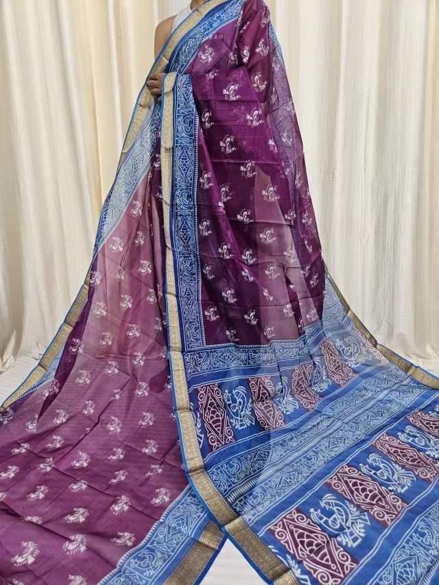 Magenta Purple and Royal Blue Mohini Pure Bangalore Silk Saree