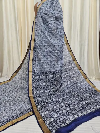 Off-White and Navy Blue Mohini Pure Bangalore Silk Saree