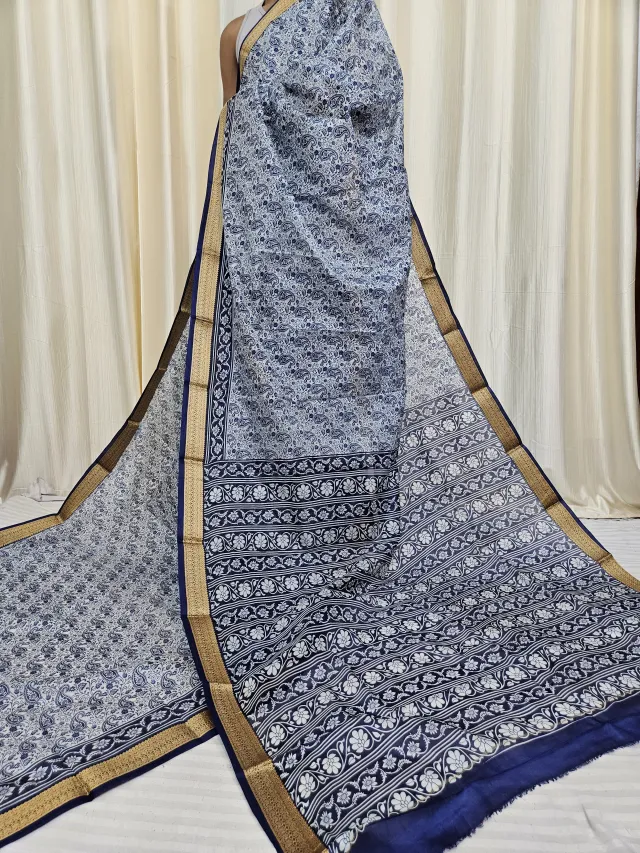 Off-White and Navy Blue Mohini Pure Bangalore Silk Saree
