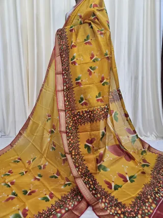 Haldi Yellow and Maroon Mohini Pure Bangalore Silk Saree with Butterfly Motifs