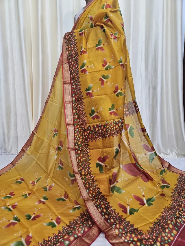 Haldi Yellow and Maroon Mohini Pure Bangalore Silk Saree with Butterfly Motifs