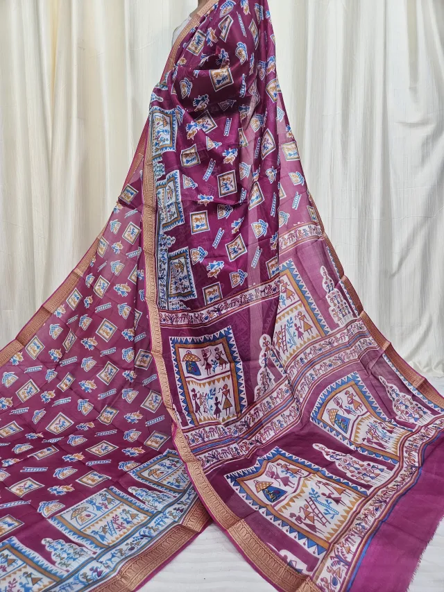 Plum Purple Mohini Pure Bangalore Silk Saree with Tribal Folk Art