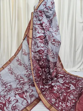 Silver Grey and Maroon Mohini Pure Bangalore Silk Saree with Bird Motifs