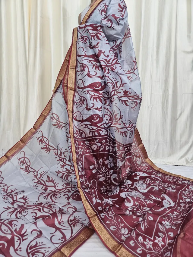 Silver Grey and Maroon Mohini Pure Bangalore Silk Saree with Bird Motifs
