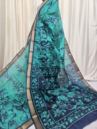 Sea Green and Navy Blue Mohini Pure Bangalore Silk Saree with Bird Motifs
