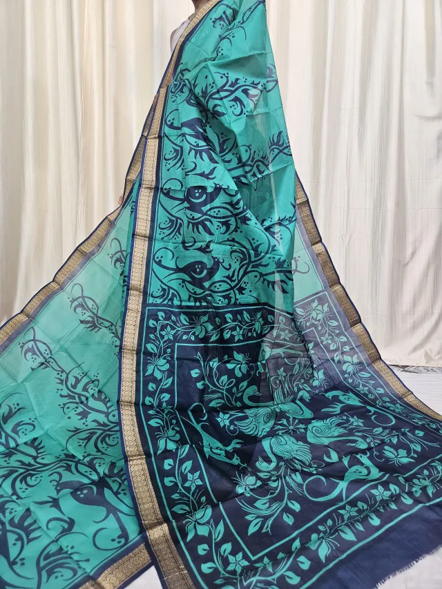 Sea Green and Navy Blue Mohini Pure Bangalore Silk Saree with Bird Motifs