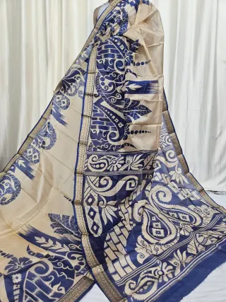 Biscuit Beige and Royal Blue Mohini Pure Bangalore Silk Saree with Peacock Motif