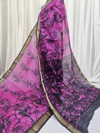 Orchid Pink and Black Mohini Pure Bangalore Silk Saree with Bird Motifs