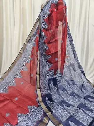 Crimson Red and Navy Blue Mohini Pure Bangalore Silk Saree with Temple Motifs