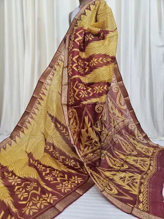 Ochre Yellow and Maroon Mohini Pure Bangalore Silk Saree