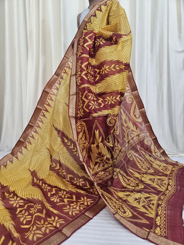 Ochre Yellow and Maroon Mohini Pure Bangalore Silk Saree