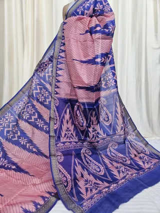 Pastel Pink and Royal Blue Mohini Pure Bangalore Silk Saree
