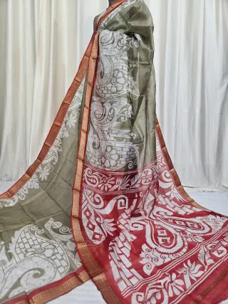 Sage Green and Crimson Red Mohini Pure Bangalore Silk Saree with Peacock Motif