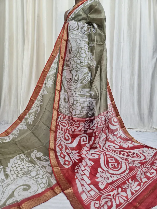 Sage Green and Crimson Red Mohini Pure Bangalore Silk Saree with Peacock Motif