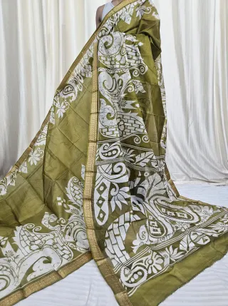 Olive Green Mohini Pure Bangalore Silk Saree with Peacock Motif